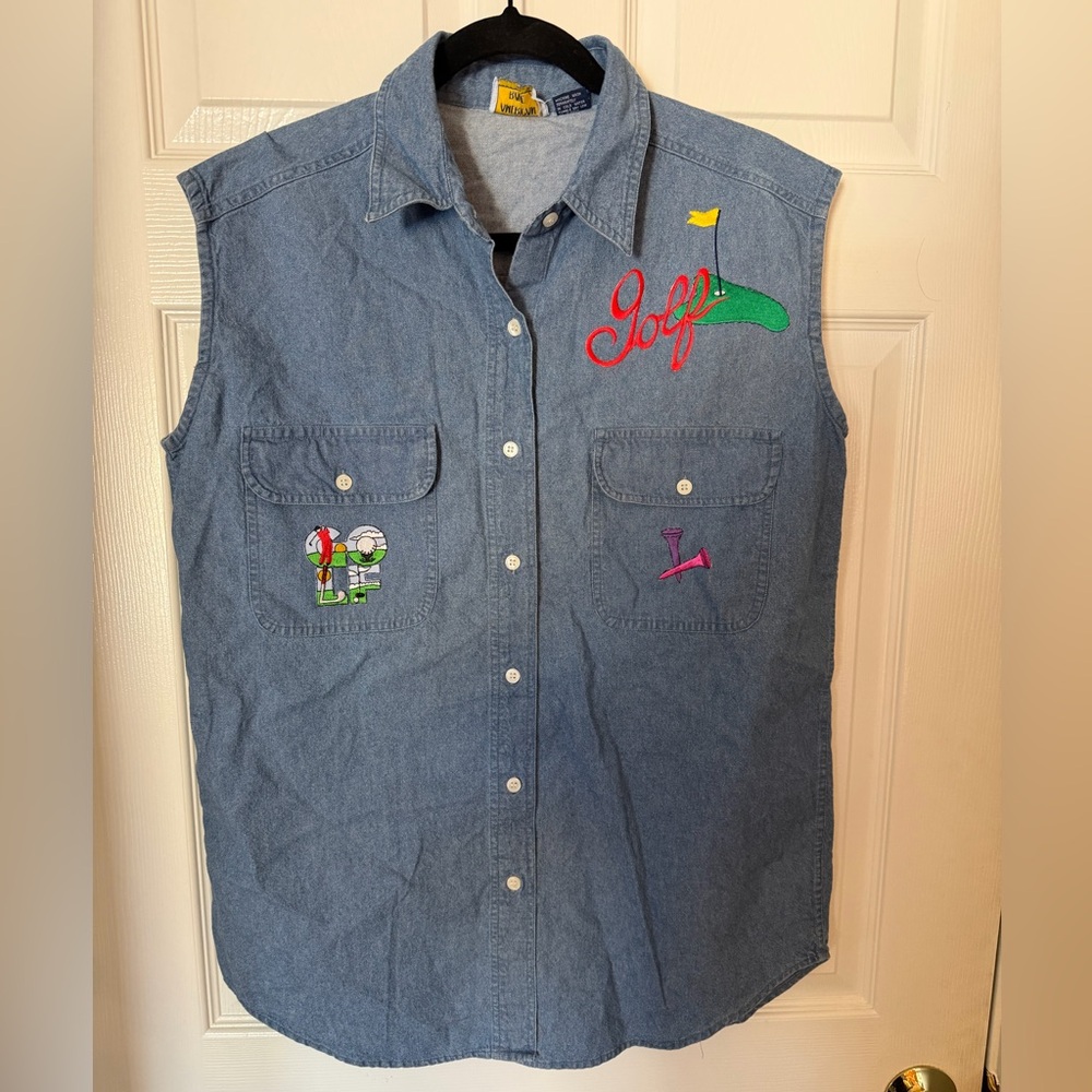Vintage Unisex Denim Vest or Short Sleeve Shirt with Golf Embroidery